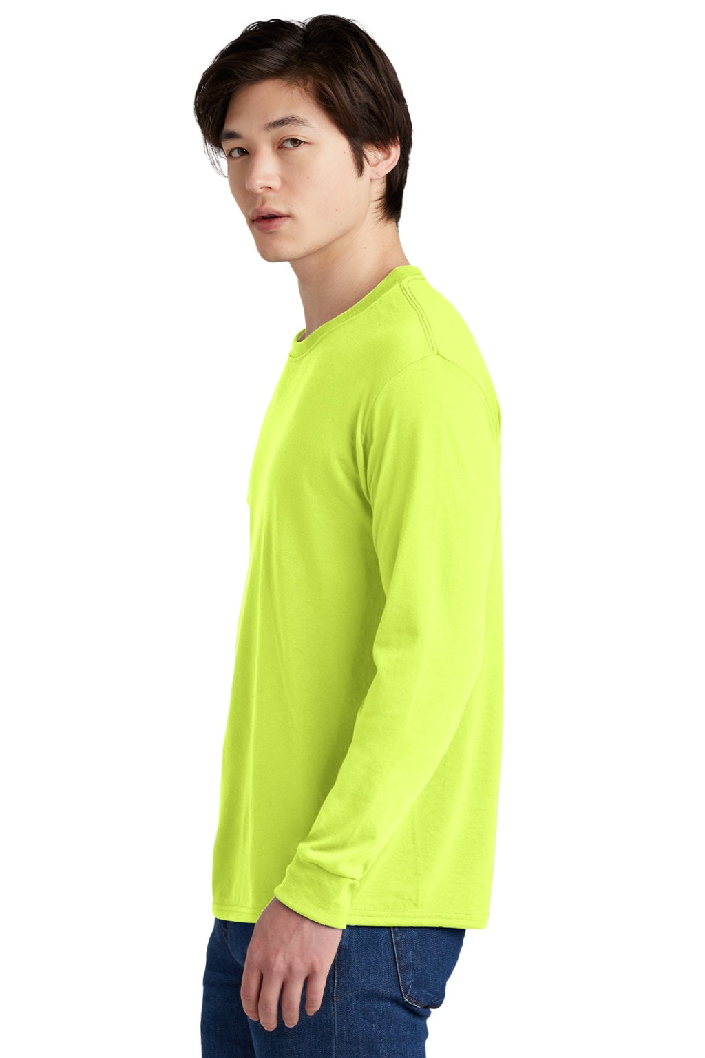 Jerzees 21LS/21LSR Mens Dri-Power Moisture Wicking Long Sleeve Crewneck T-Shirt Safety Green Model Side