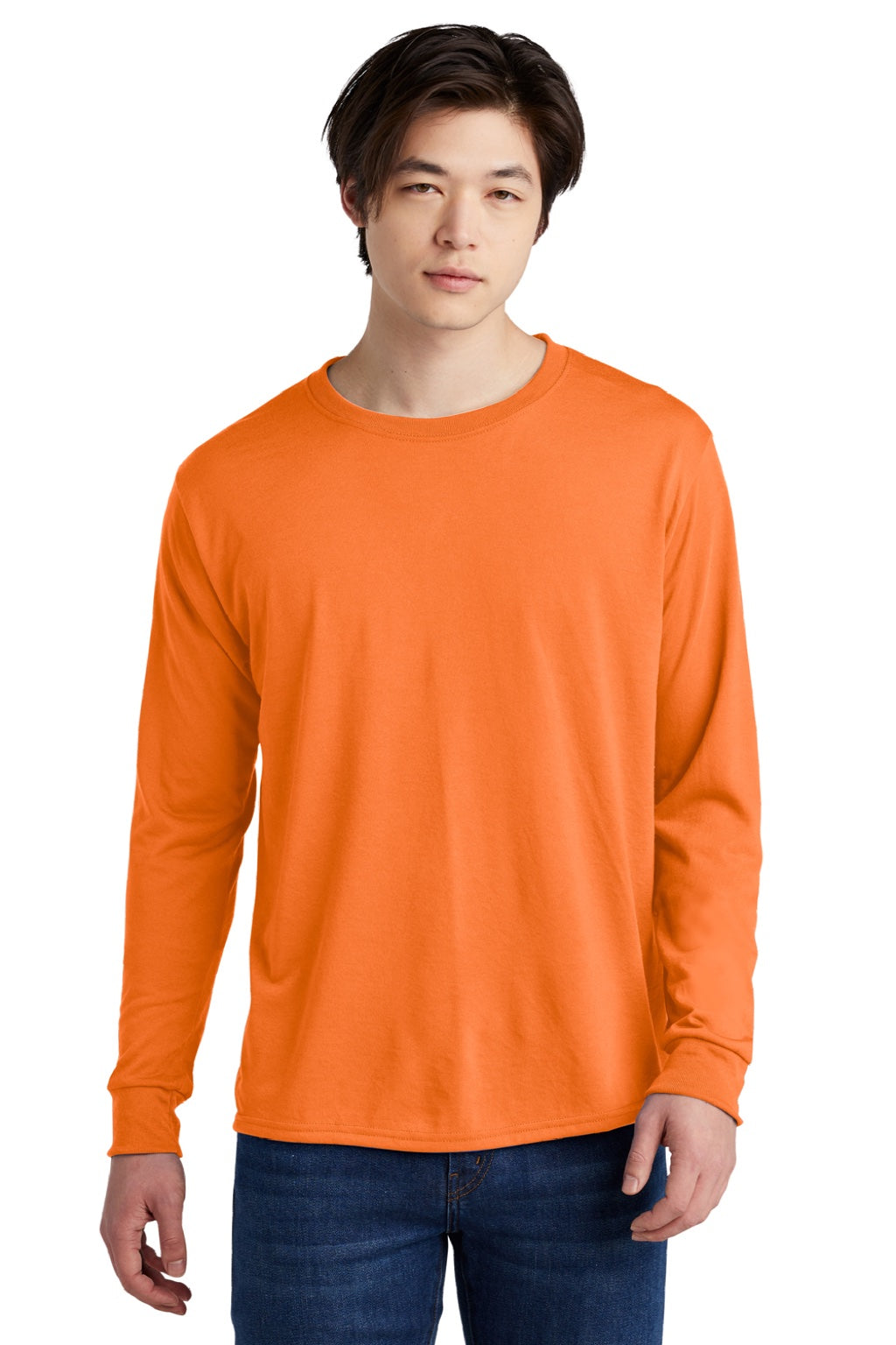 Jerzees 21LS/21LSR Mens Dri-Power Moisture Wicking Long Sleeve Crewneck T-Shirt Safety Orange Model Front
