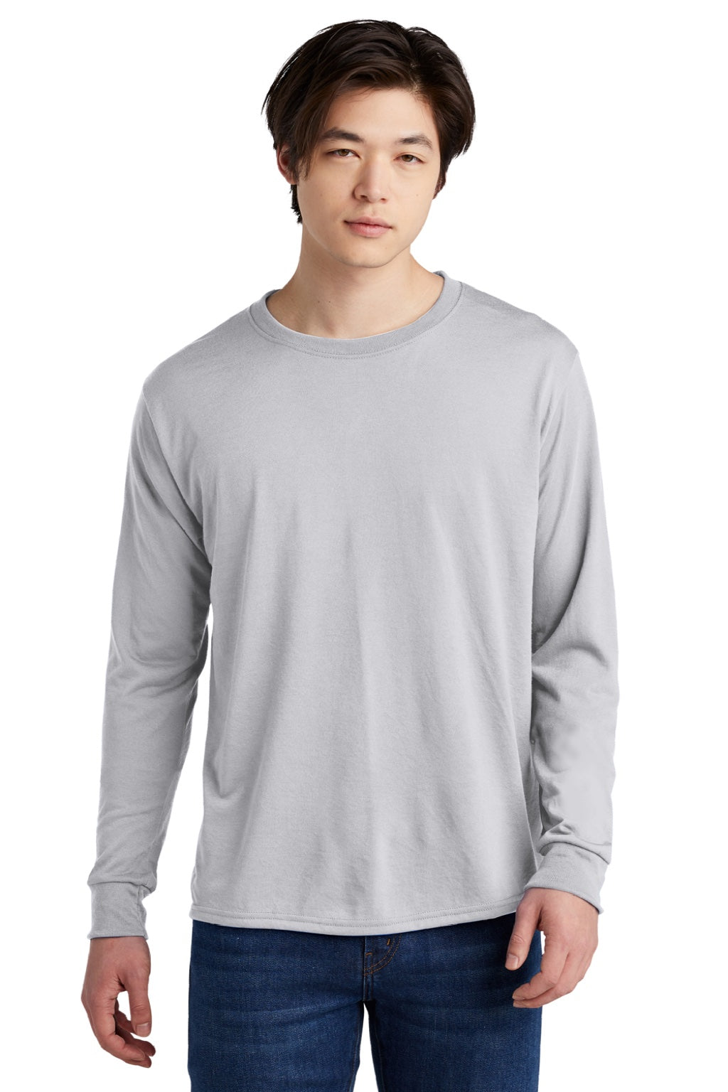 Jerzees 21LS/21LSR Mens Dri-Power Moisture Wicking Long Sleeve Crewneck T-Shirt Silver Grey Model Front