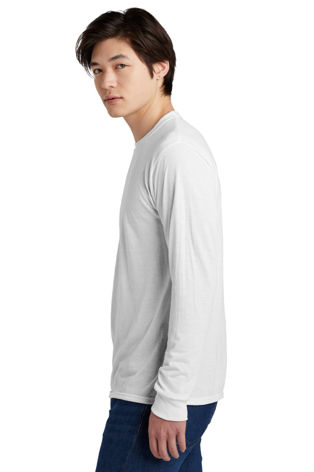 Jerzees 21LS/21LSR Mens Dri-Power Moisture Wicking Long Sleeve Crewneck T-Shirt White Model Side