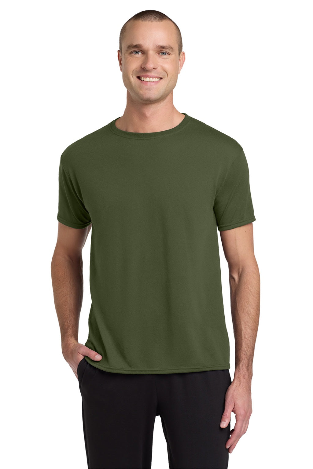 Jerzees 21M/21MR Mens Dri-Power Moisture Wicking Short Sleeve Crewneck T-Shirt Military Green Model Front