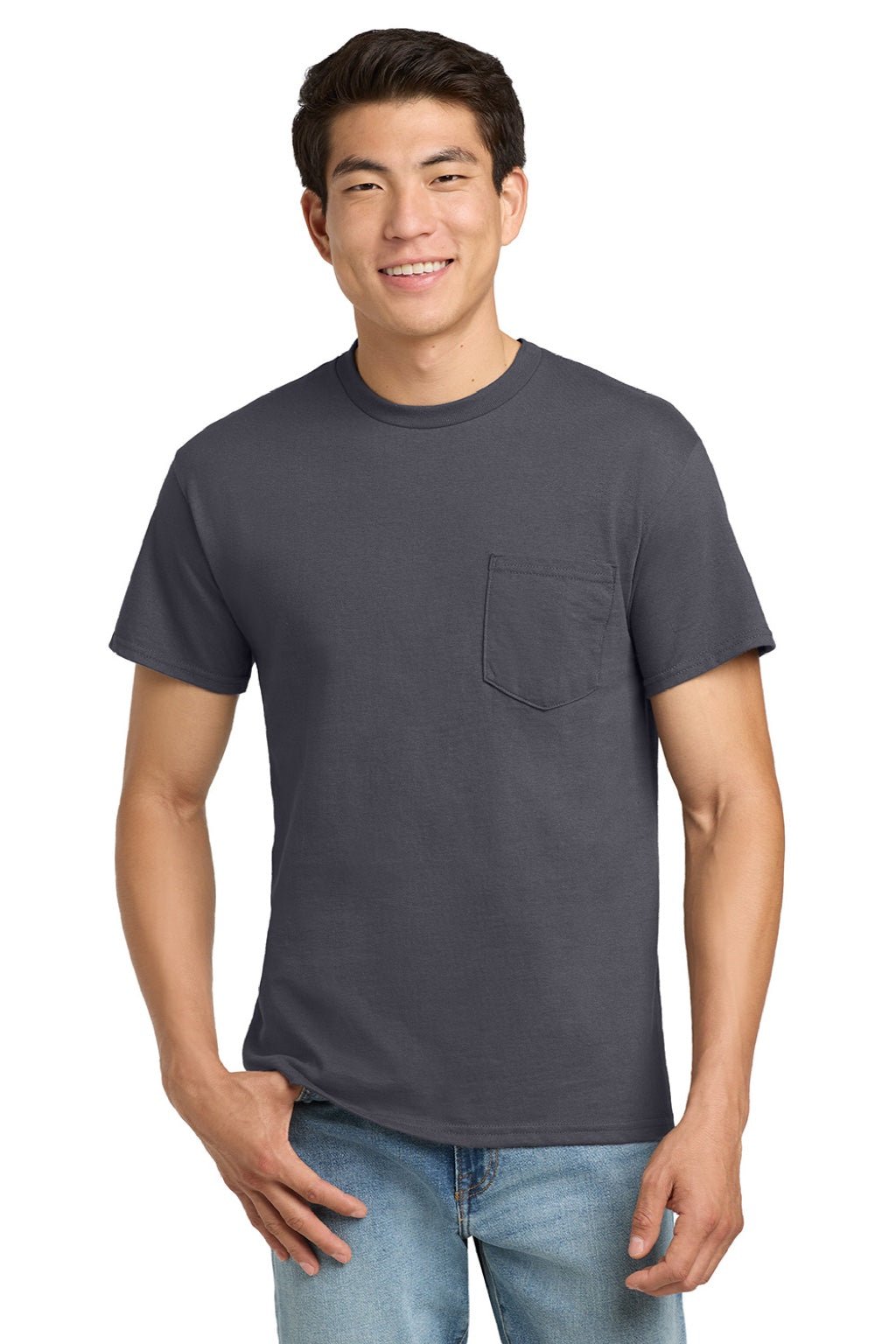 Gildan 2300 Mens Ultra Short Sleeve Crewneck T-Shirt w/ Pocket Charcoal Grey Model Front
