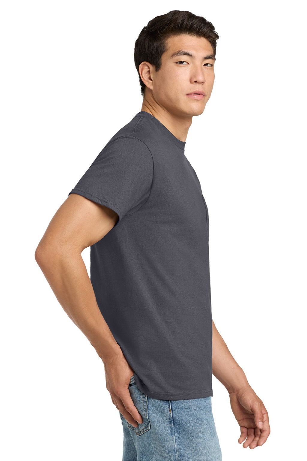 Gildan 2300 Mens Ultra Short Sleeve Crewneck T-Shirt w/ Pocket Charcoal Grey Model Side