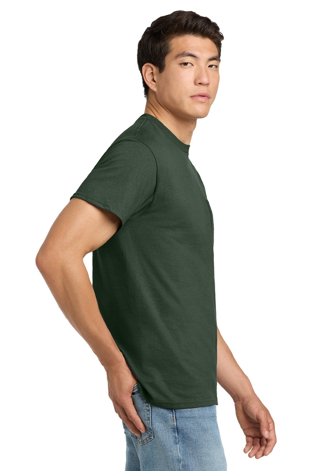 Gildan 2300 Mens Ultra Short Sleeve Crewneck T-Shirt w/ Pocket Forest Green Model Side