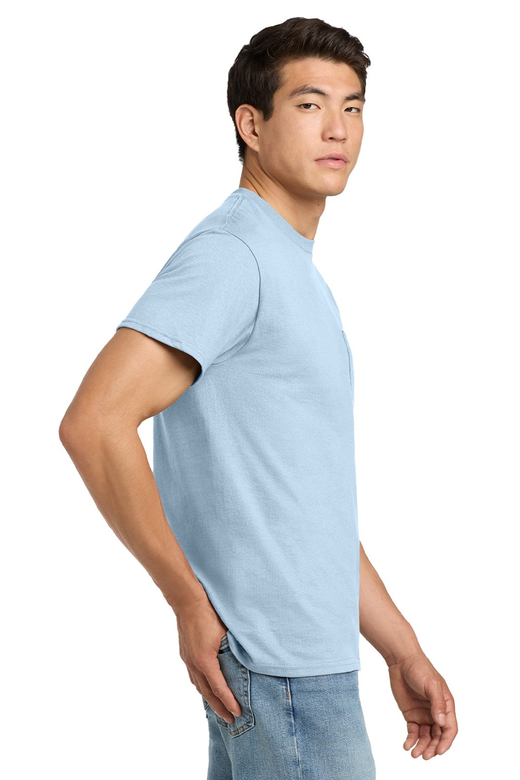 Gildan 2300 Mens Ultra Short Sleeve Crewneck T-Shirt w/ Pocket Light Blue Model Side