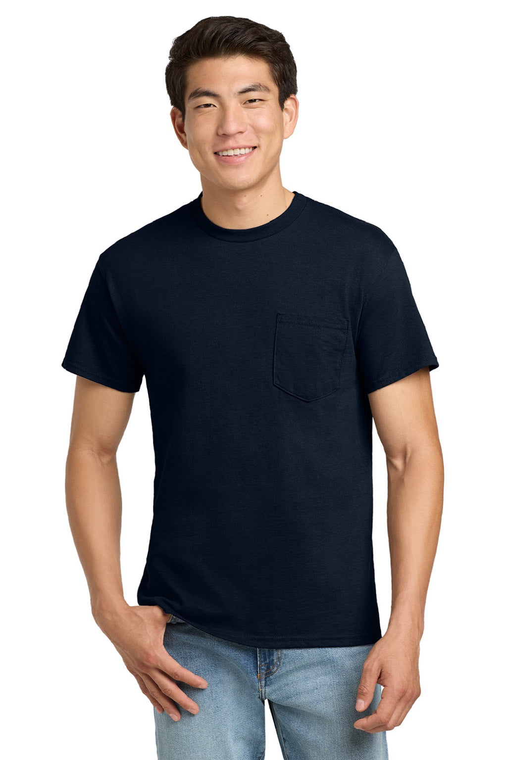 Gildan 2300 Mens Ultra Short Sleeve Crewneck T-Shirt w/ Pocket Navy Blue Model Front
