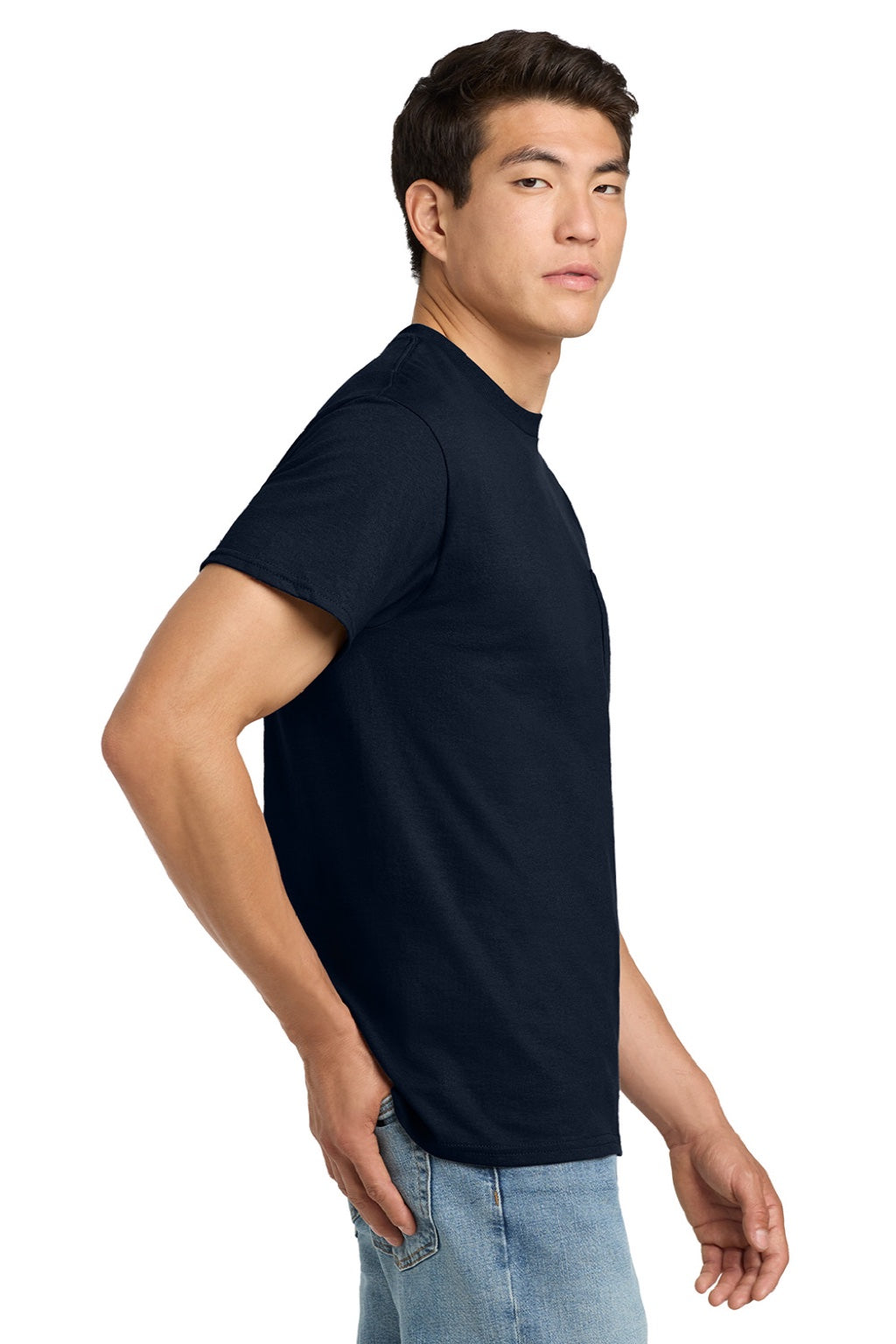 Gildan 2300 Mens Ultra Short Sleeve Crewneck T-Shirt w/ Pocket Navy Blue Model Side