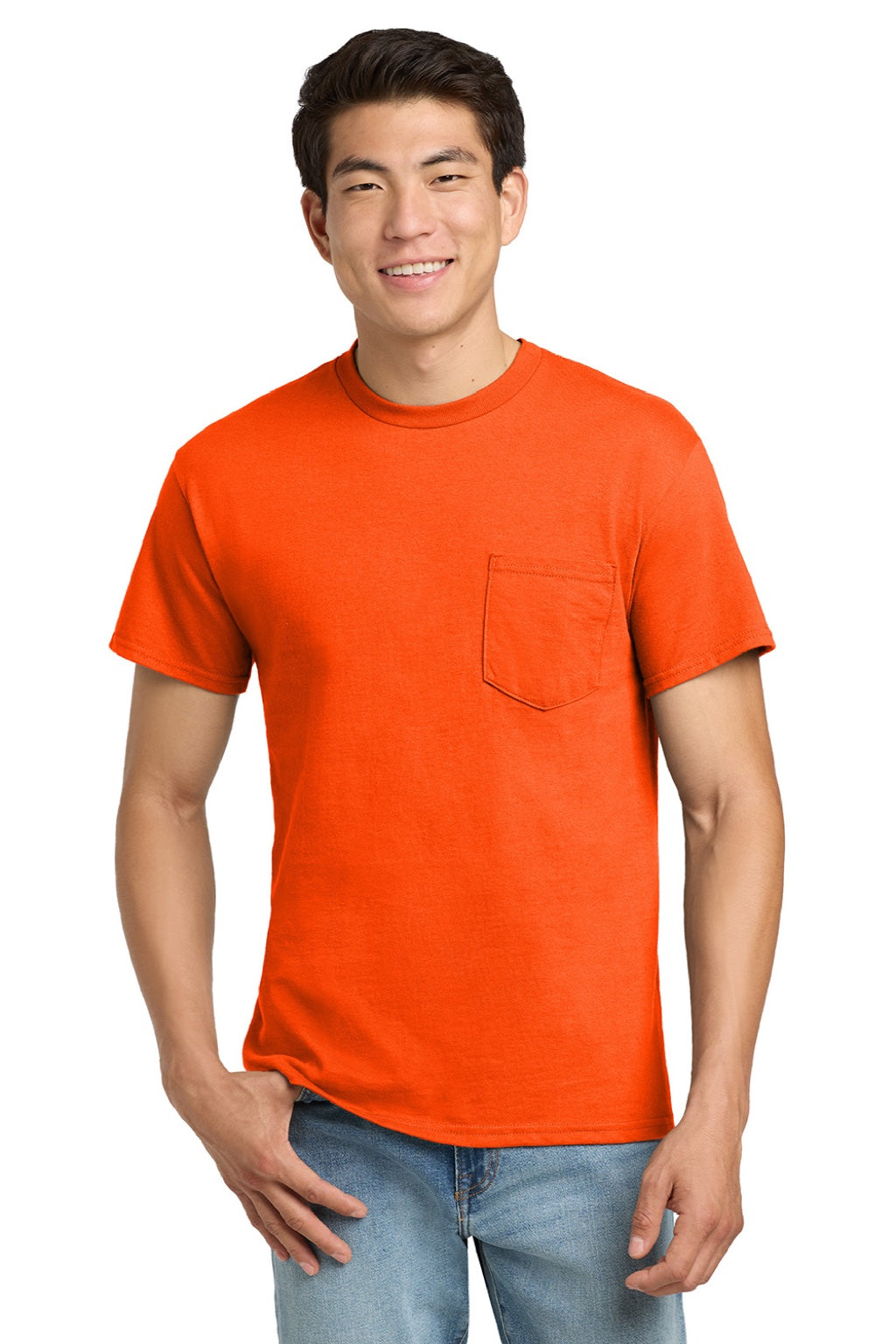 Gildan 2300 Mens Ultra Short Sleeve Crewneck T-Shirt w/ Pocket Safety Orange Model Front