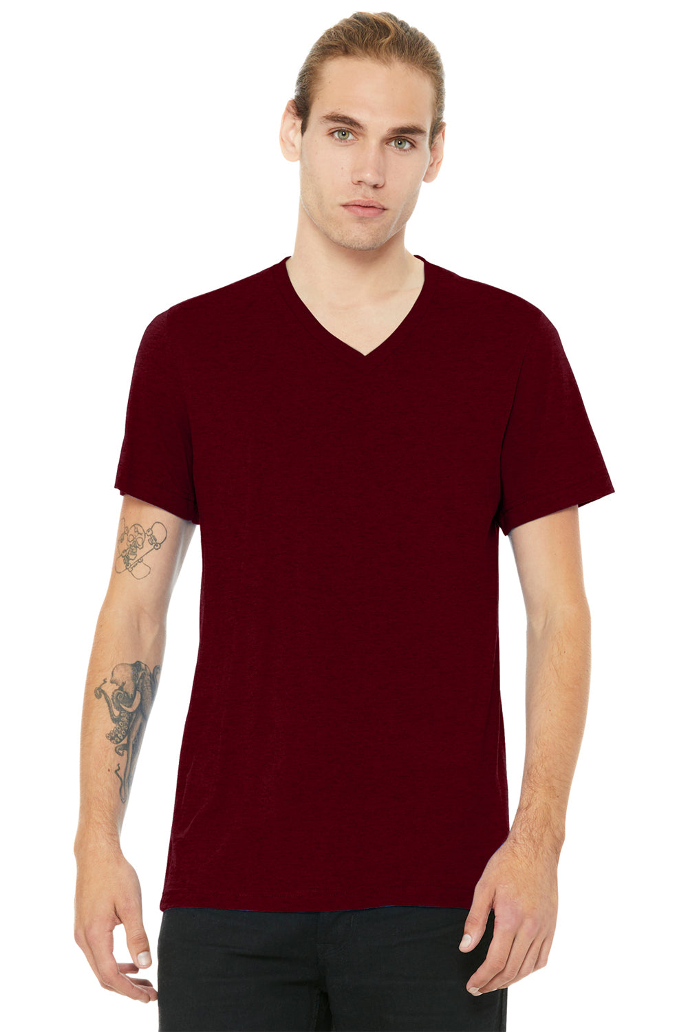 Bella + Canvas BC3005CVC Mens CVC Short Sleeve V-Neck T-Shirt Heather Cardinal Red Model Front
