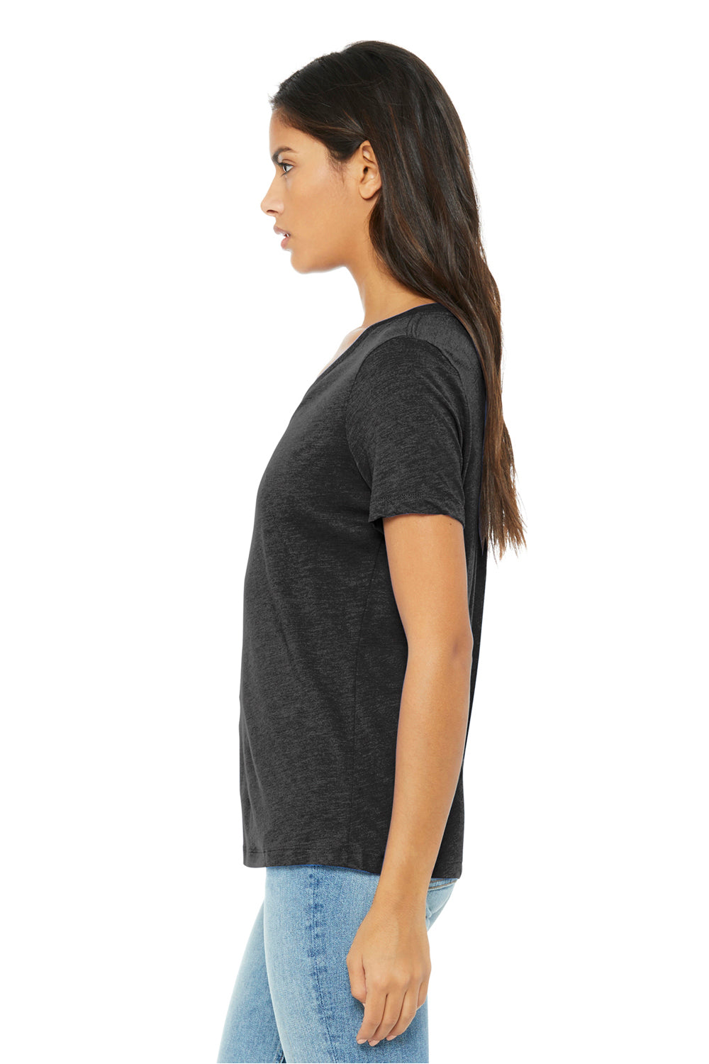Bella + Canvas BC6415 Womens Short Sleeve V-Neck T-Shirt Charcoal Black Model Side