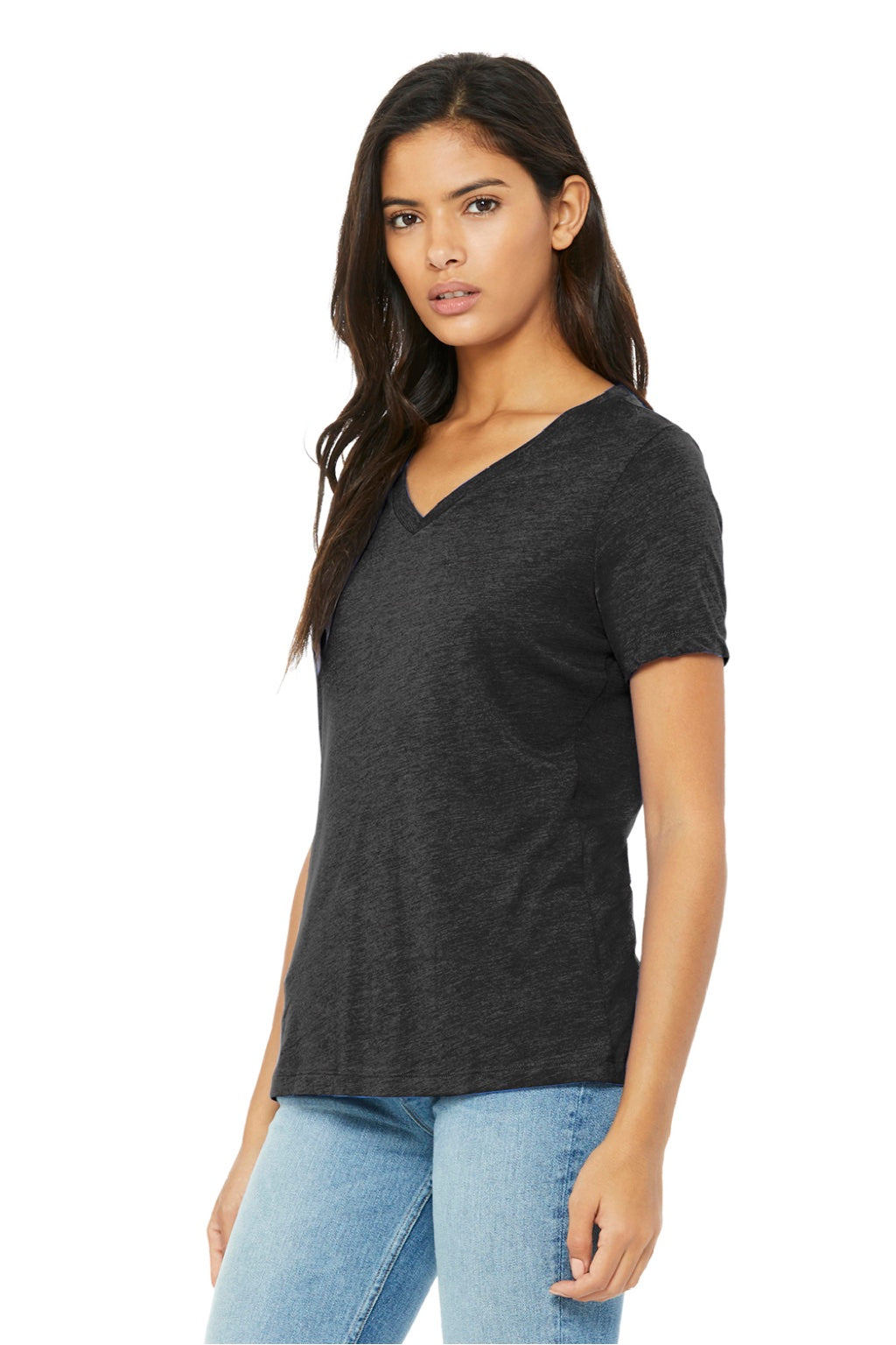 Bella + Canvas BC6415/6415 Womens Short Sleeve V-Neck T-Shirt Charcoal Black Model 3Q