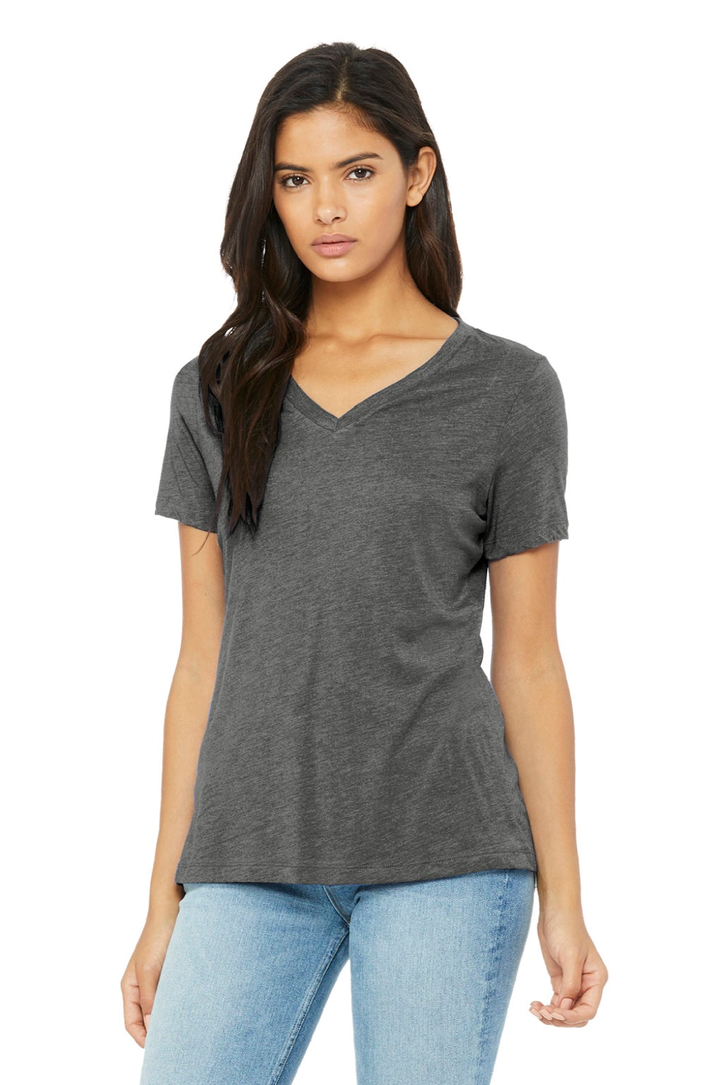 Bella + Canvas BC6415/6415 Womens Short Sleeve V-Neck T-Shirt Grey Model Front