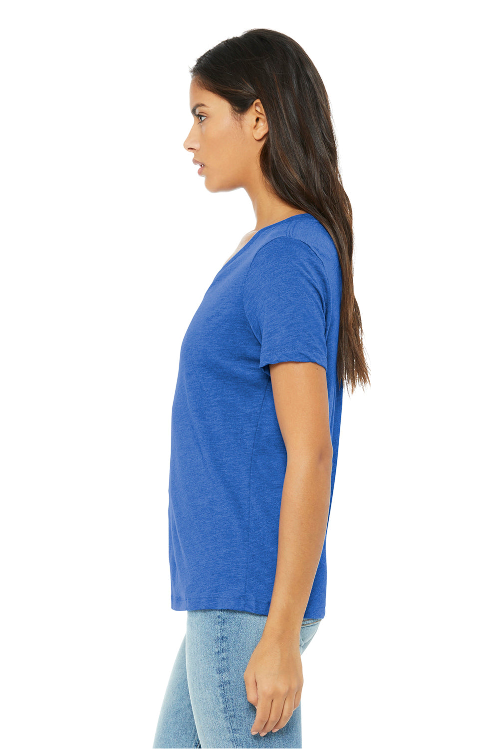 Bella + Canvas BC6415 Womens Short Sleeve V-Neck T-Shirt True Royal Blue Model Side