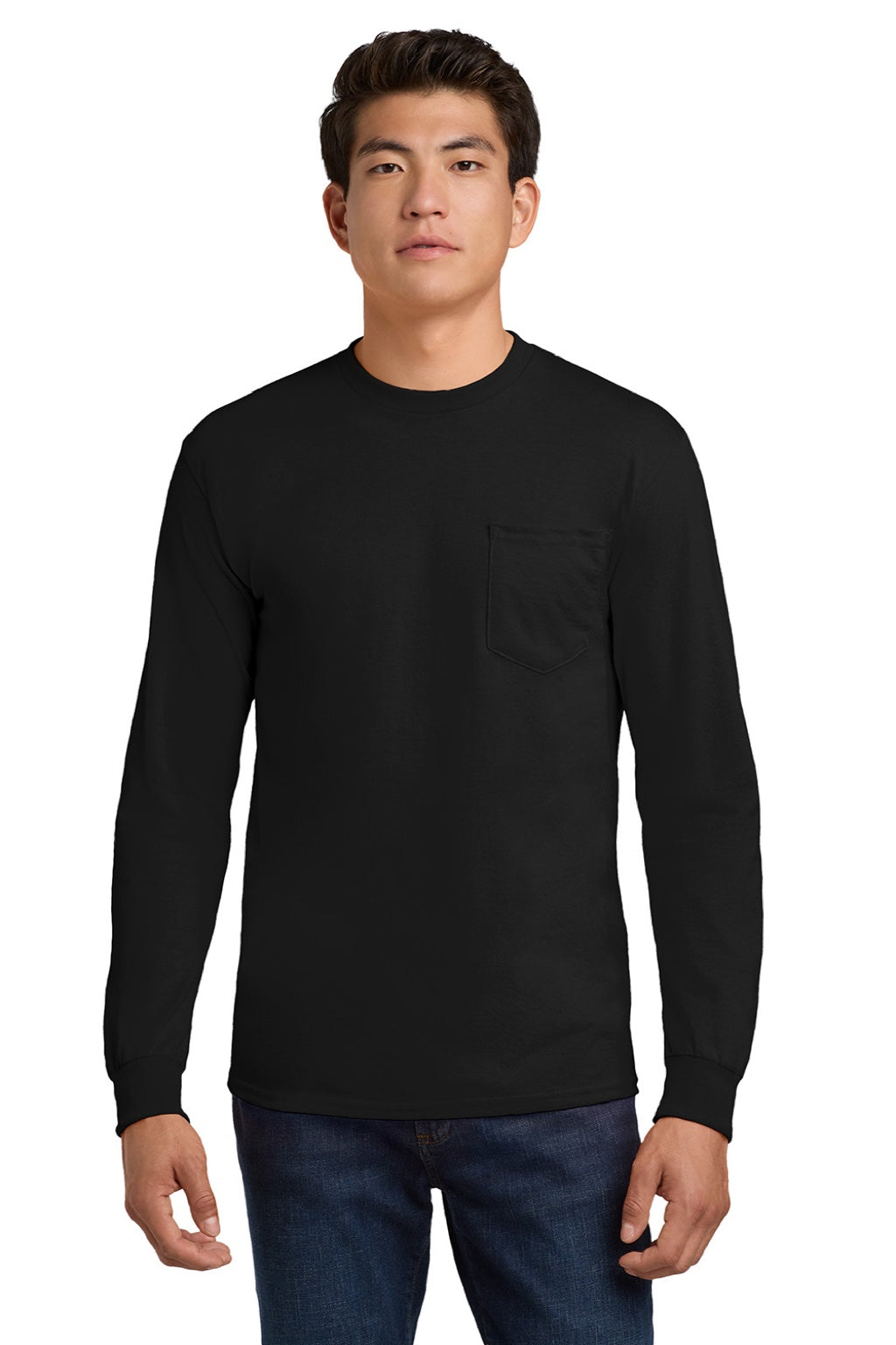 Gildan 2410 Mens Ultra Long Sleeve Crewneck T-Shirt w/ Pocket Black Model Front