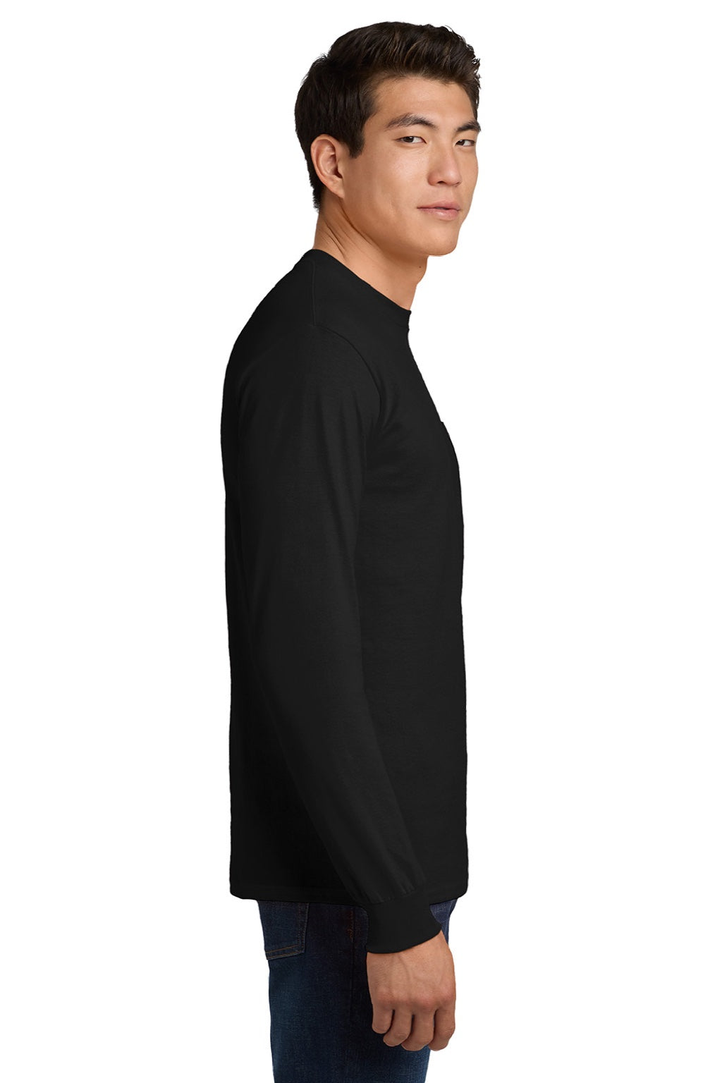 Gildan 2410 Mens Ultra Long Sleeve Crewneck T-Shirt w/ Pocket Black Model Side