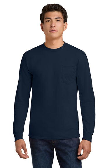 Gildan 2410 Mens Ultra Long Sleeve Crewneck T-Shirt w/ Pocket Navy Blue Model Front