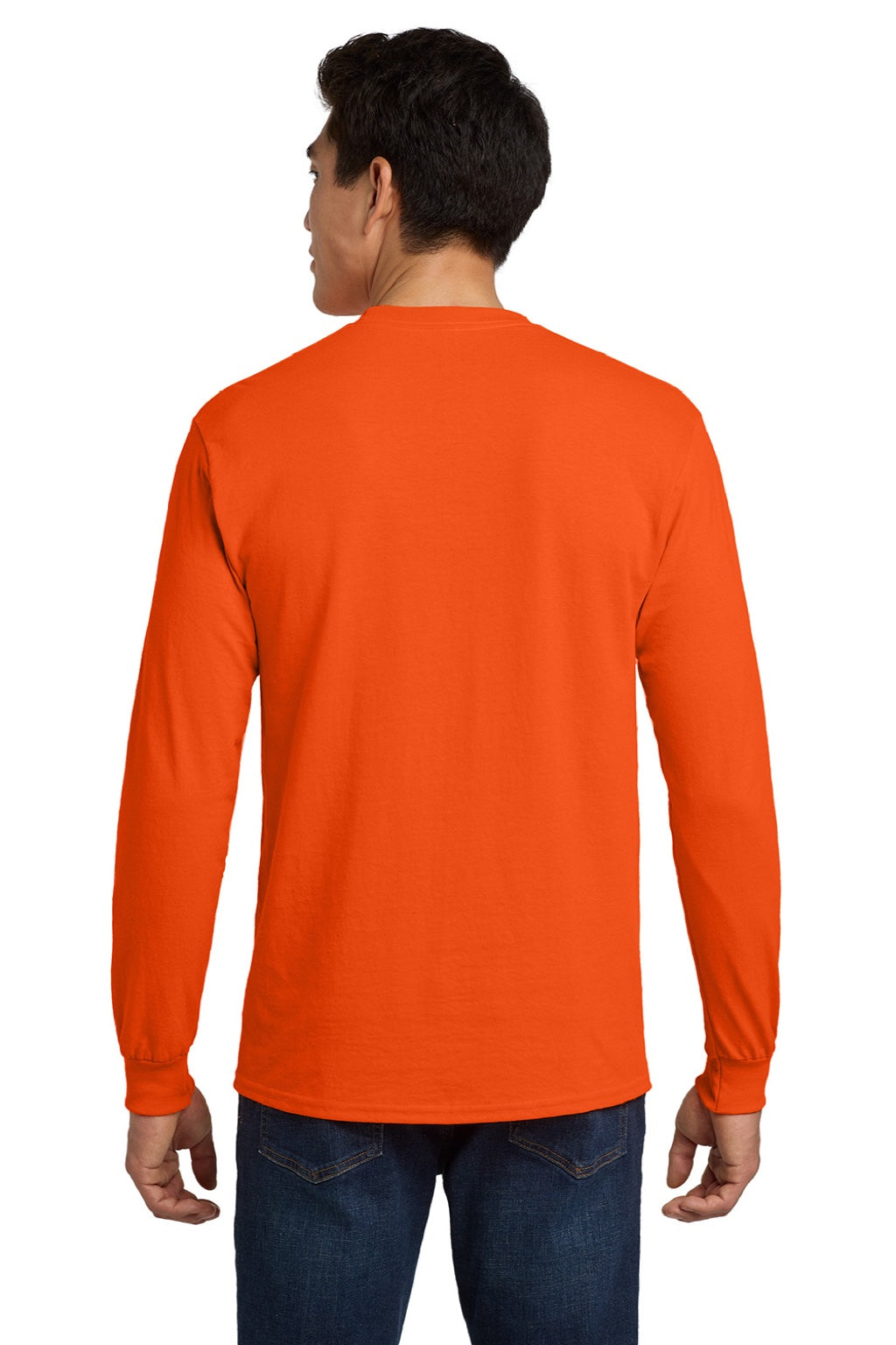 Gildan 2410 Mens Ultra Long Sleeve Crewneck T-Shirt w/ Pocket Safety Orange Model Back