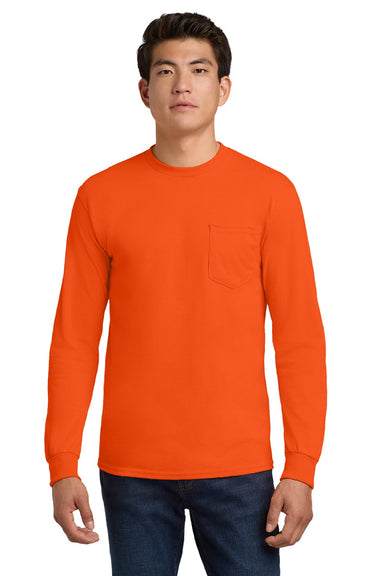 Gildan 2410 Mens Ultra Long Sleeve Crewneck T-Shirt w/ Pocket Safety Orange Model Front