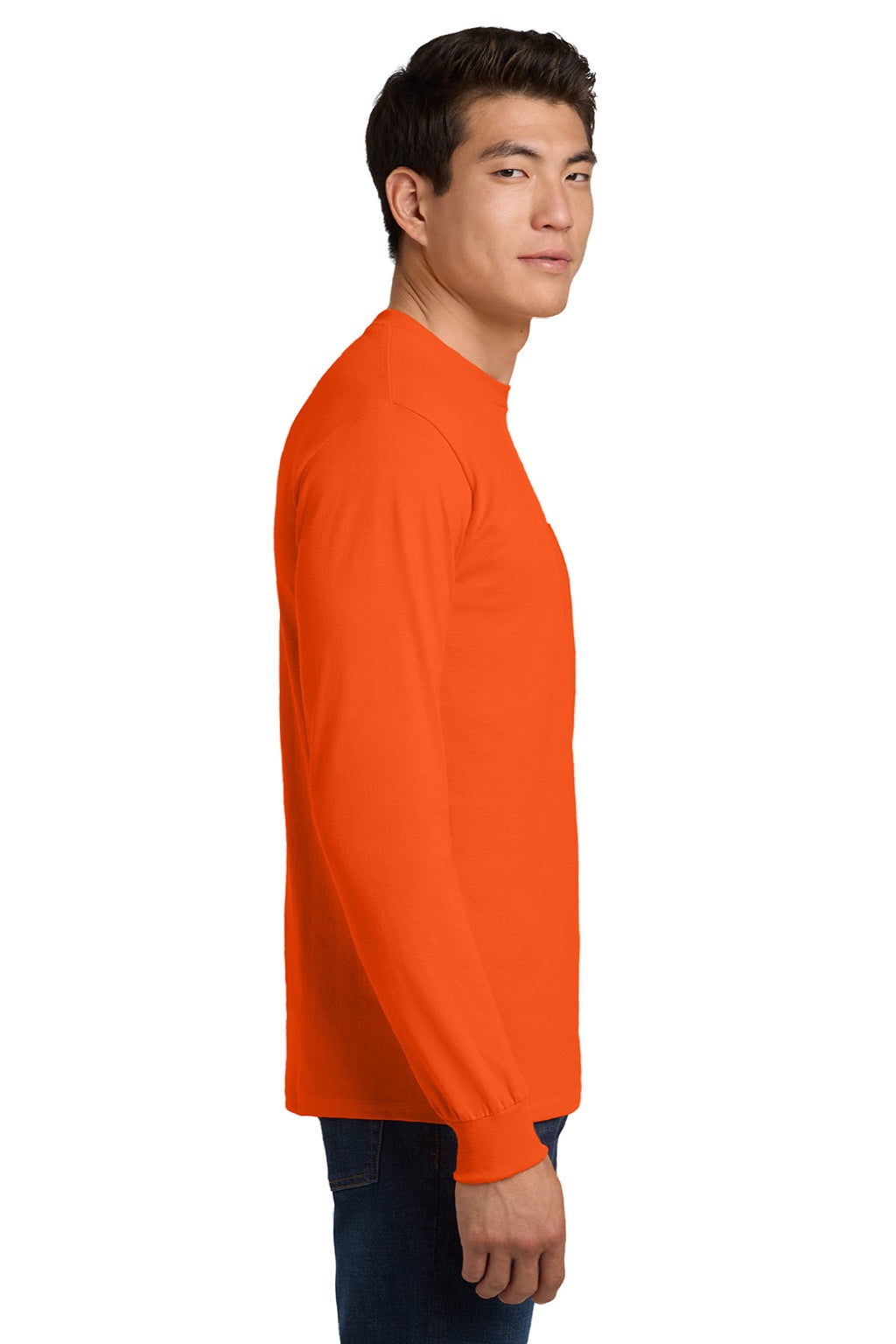 Gildan 2410 Mens Ultra Long Sleeve Crewneck T-Shirt w/ Pocket Safety Orange Model Side