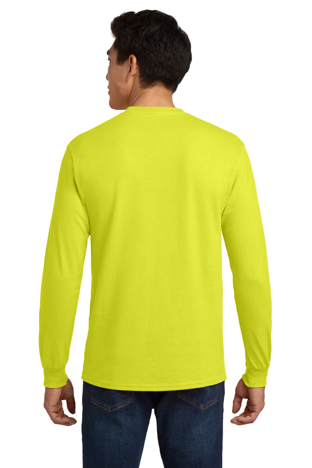Gildan 2410 Mens Ultra Long Sleeve Crewneck T-Shirt w/ Pocket Safety Green Model Back