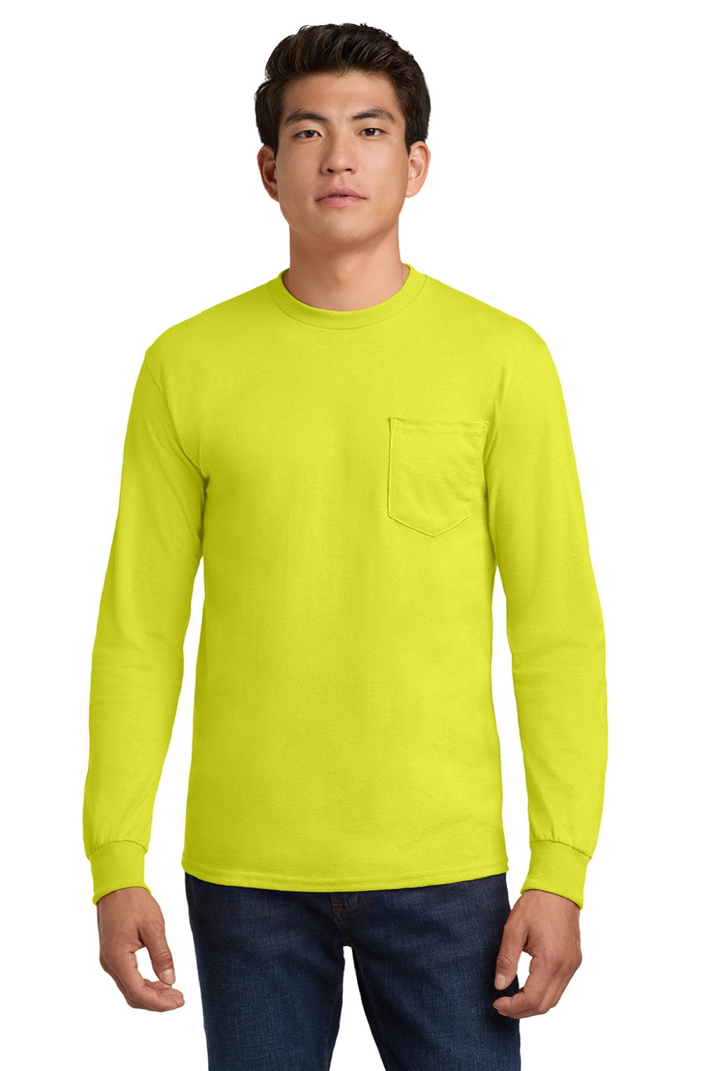 Gildan 2410 Mens Ultra Long Sleeve Crewneck T-Shirt w/ Pocket Safety Green Model Front