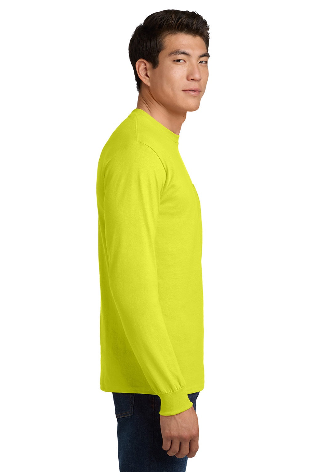 Gildan 2410 Mens Ultra Long Sleeve Crewneck T-Shirt w/ Pocket Safety Green Model Side
