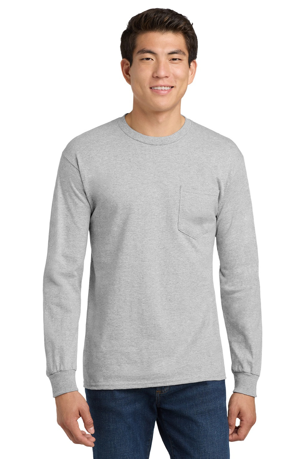 Gildan 2410 Mens Ultra Long Sleeve Crewneck T-Shirt w/ Pocket Sport Grey Model Front