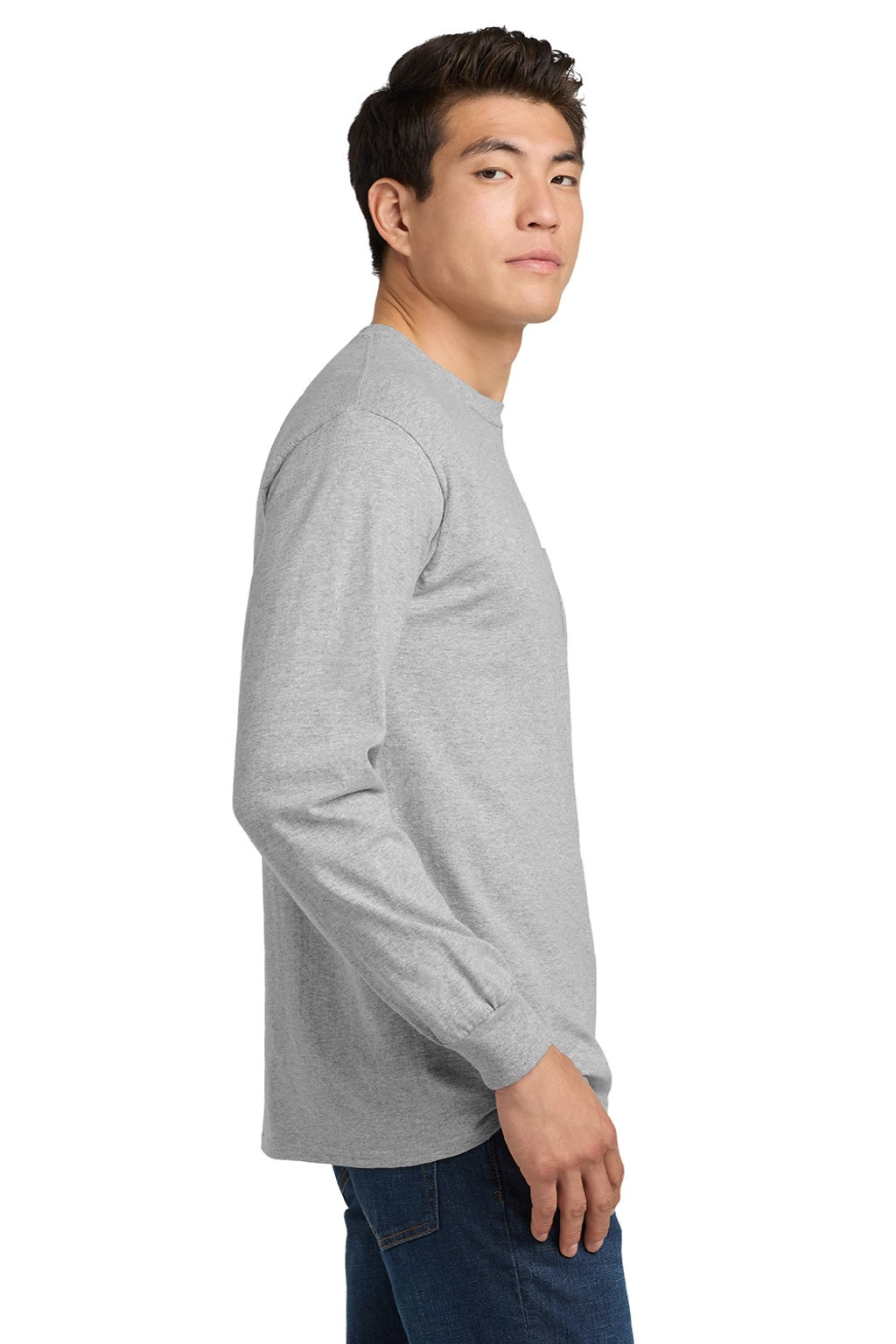 Gildan 2410 Mens Ultra Long Sleeve Crewneck T-Shirt w/ Pocket Sport Grey Model Side