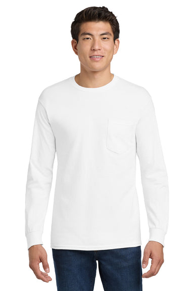 Gildan 2410 Mens Ultra Long Sleeve Crewneck T-Shirt w/ Pocket White Model Front