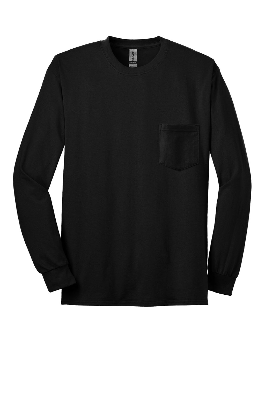 Gildan 2410 Mens Ultra Long Sleeve Crewneck T-Shirt w/ Pocket Black Flat Front