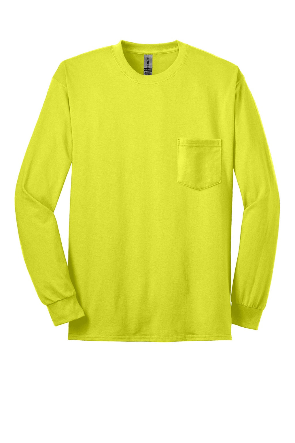 Gildan 2410 Mens Ultra Long Sleeve Crewneck T-Shirt w/ Pocket Safety Green Flat Front