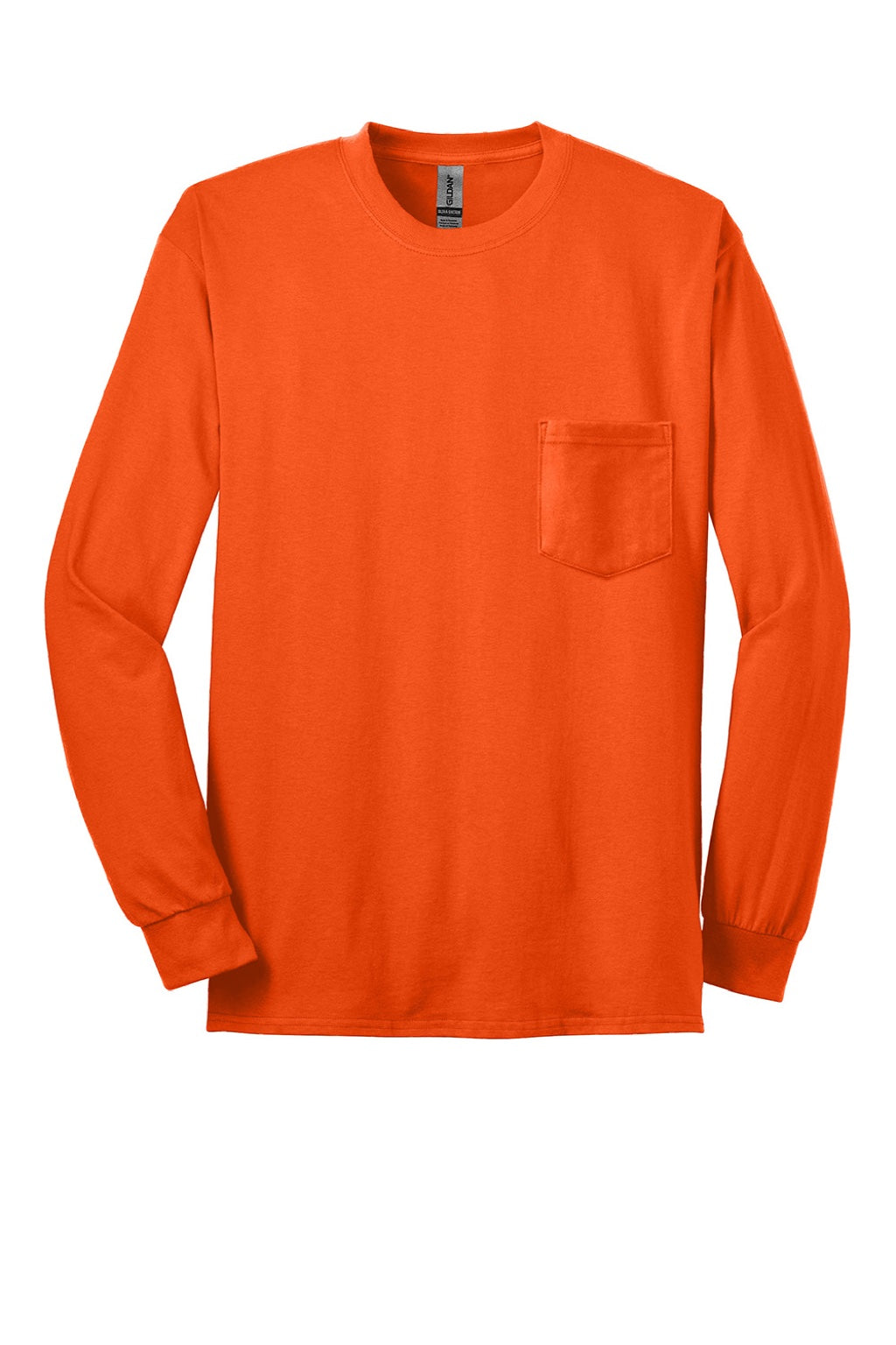 Gildan 2410 Mens Ultra Long Sleeve Crewneck T-Shirt w/ Pocket Safety Orange Flat Front