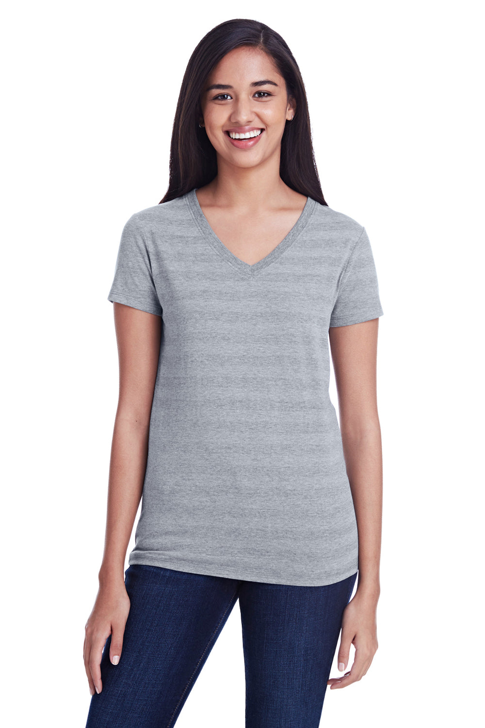 Threadfast Apparel 252RV Womens Short Sleeve V-Neck T-Shirt Heather Grey Model Front