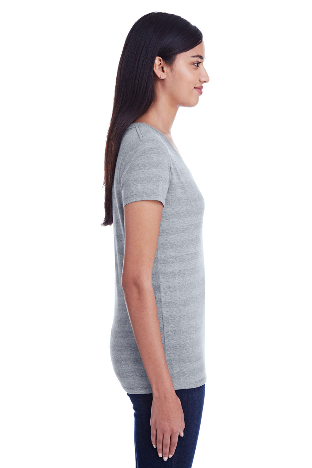 Threadfast Apparel 252RV Womens Short Sleeve V-Neck T-Shirt Heather Grey Model Side
