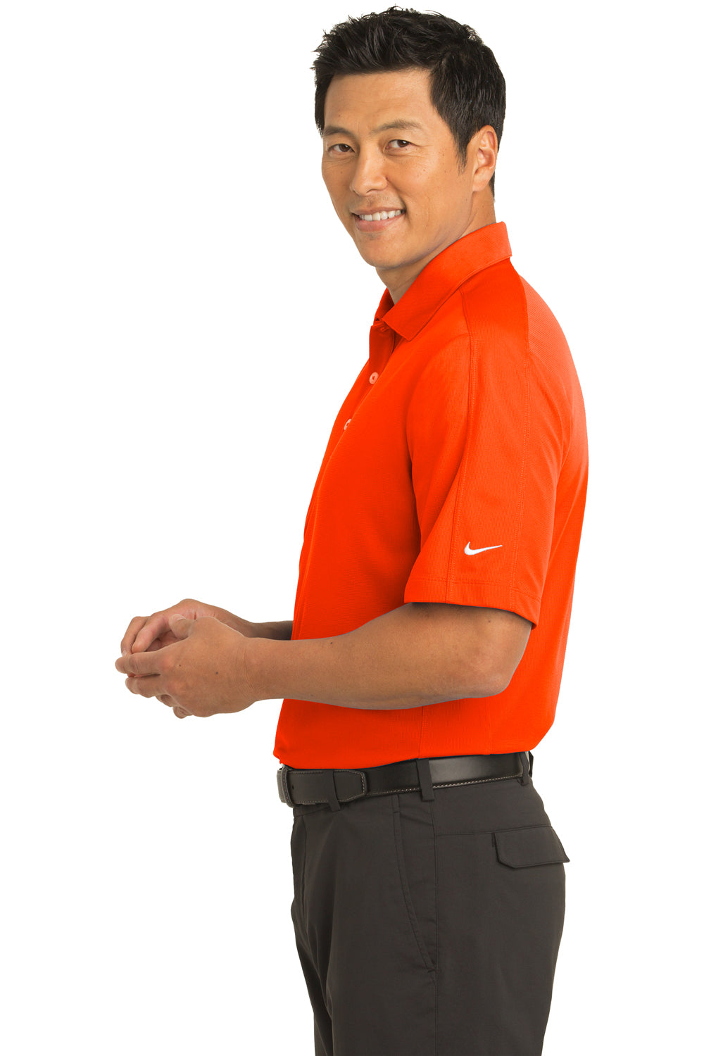 Nike 266998 Mens Tech Sport Dri-Fit Moisture Wicking Short Sleeve Polo Shirt Solar Orange Model Side