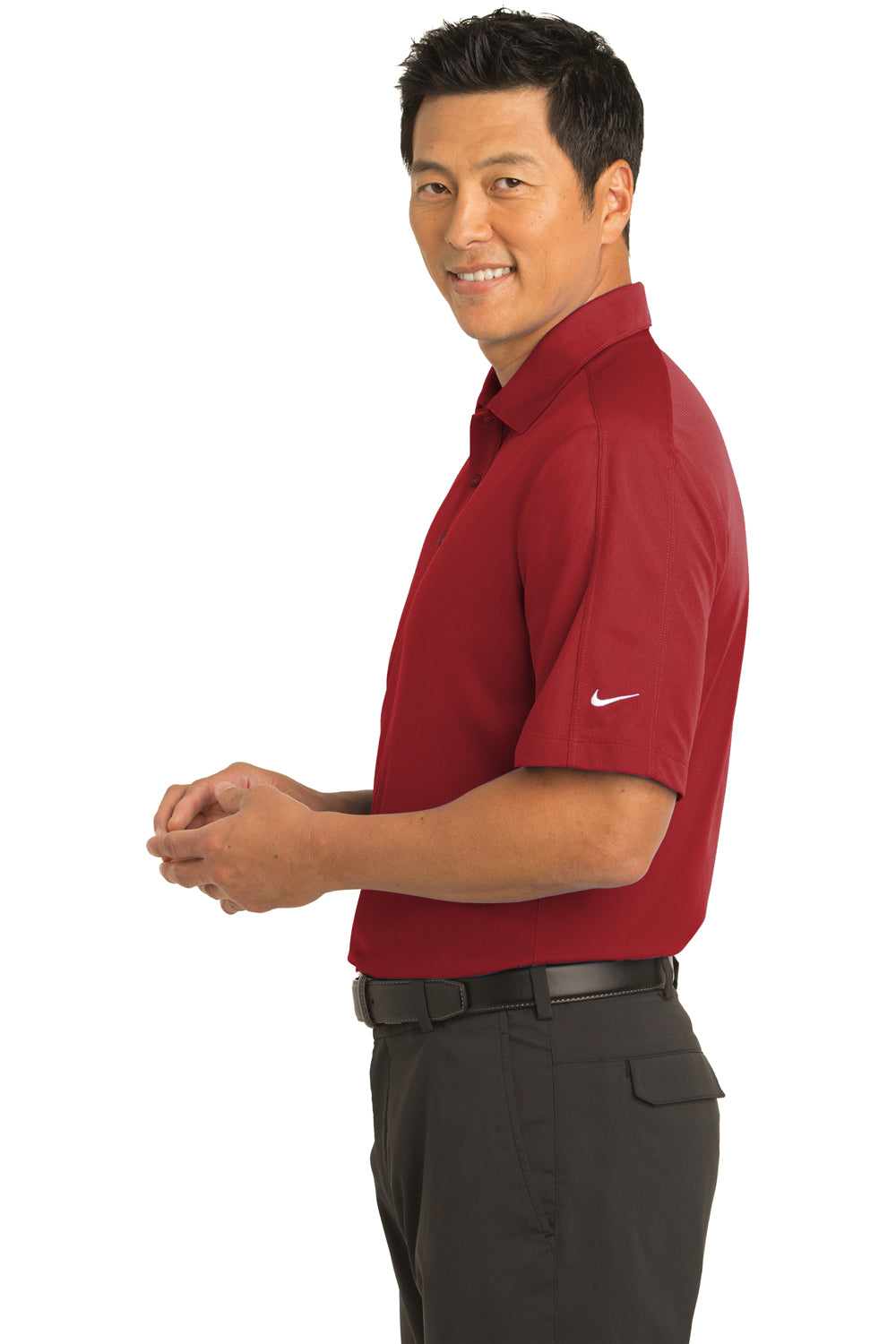 Nike 266998 Mens Tech Sport Dri-Fit Moisture Wicking Short Sleeve Polo Shirt Team Red Model Side