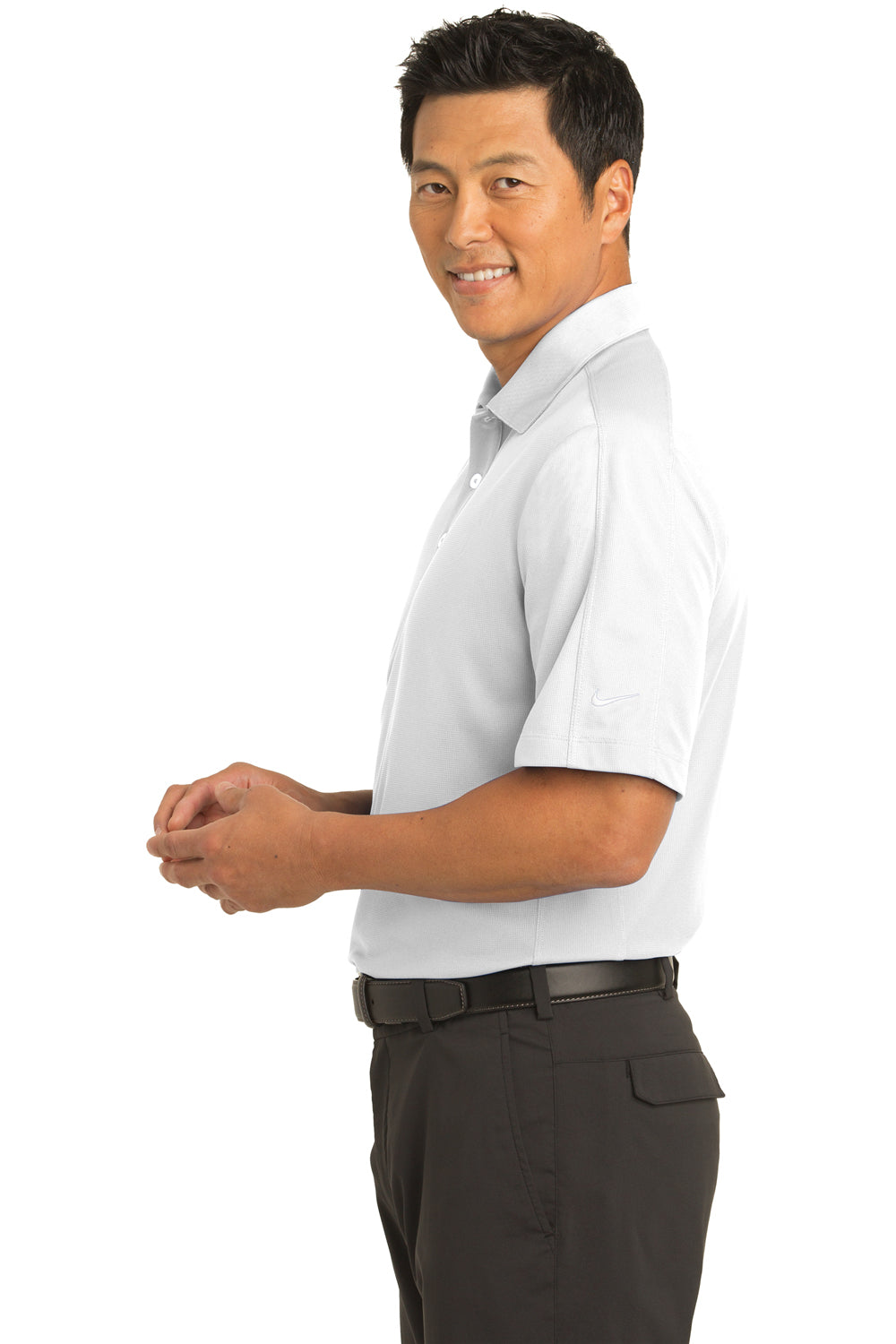Nike 266998 Mens Tech Sport Dri-Fit Moisture Wicking Short Sleeve Polo Shirt White Model Side