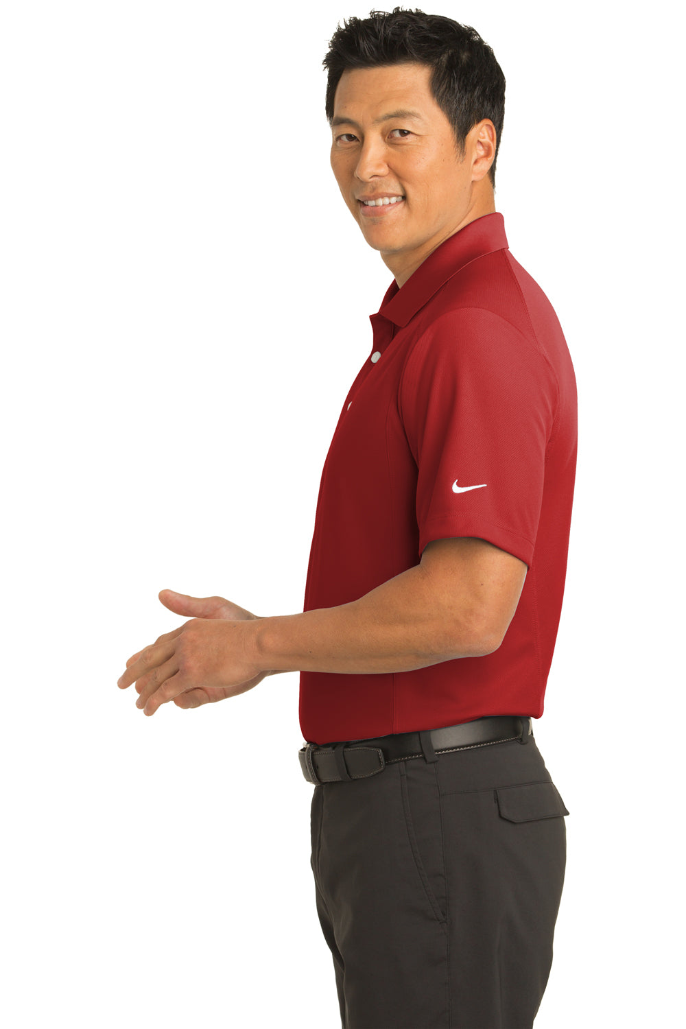 Nike 267020 Mens Classic Dri-Fit Moisture Wicking Short Sleeve Polo Shirt Varsity Red Model Side