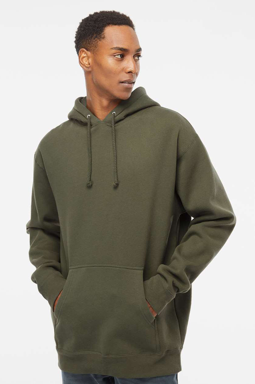 Independent Trading Company IND4000 Mens Hooded Sweatshirt Hoodie w/ Pouch Pocket Army Green Model Front