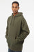 Independent Trading Company IND4000 Mens Hooded Sweatshirt Hoodie w/ Pouch Pocket Army Green Model Side