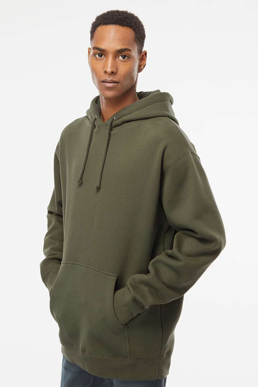 Independent Trading Company IND4000 Mens Hooded Sweatshirt Hoodie w/ Pouch Pocket Army Green Model Side