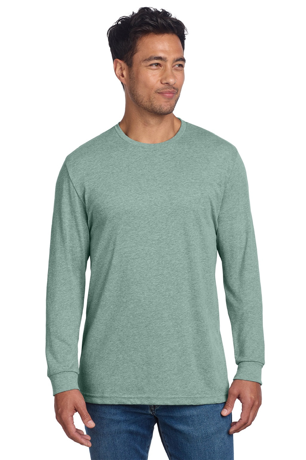 Next Level NL6211/6211 Mens CVC Long Sleeve Crewneck T-Shirt Heather Seafoam Green Model Front