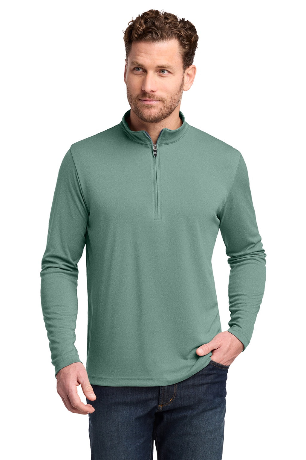 TravisMathew TM1MY397 Mens Coto Performance Wrinkle Resistant 1/4 Zip Sweatshirt Heather Beryl Green Model Front