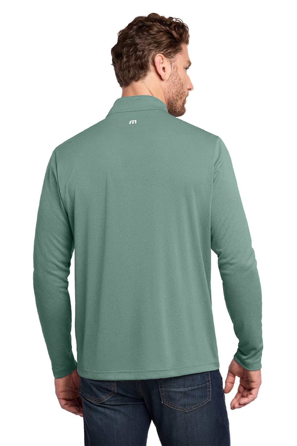 TravisMathew TM1MY397 Mens Coto Performance Wrinkle Resistant 1/4 Zip Sweatshirt Heather Beryl Green Model Back