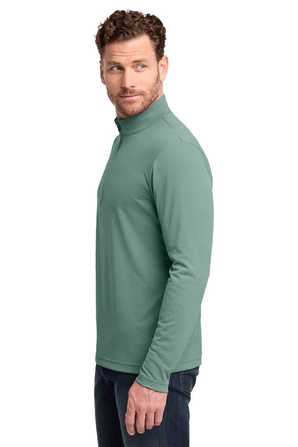 TravisMathew TM1MY397 Mens Coto Performance Wrinkle Resistant 1/4 Zip Sweatshirt Heather Beryl Green Model Side