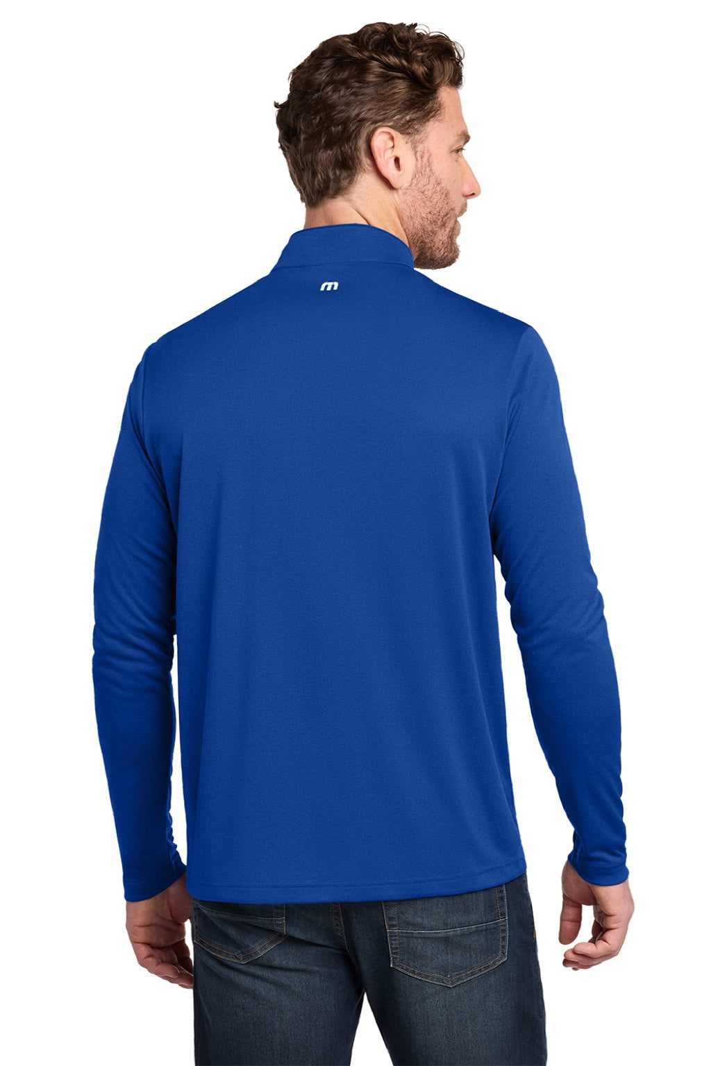TravisMathew TM1MY397 Mens Coto Performance Wrinkle Resistant 1/4 Zip Sweatshirt Royal Blue Model Back