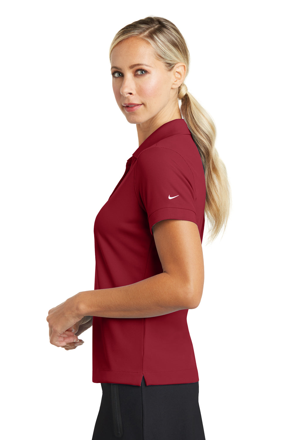 Nike 286772 Womens Classic Dri-Fit Moisture Wicking Short Sleeve Polo Shirt Varsity Red Model Side