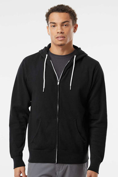 Independent Trading Company AFX90UNZ Mens Full Zip Hooded Sweatshirt Hoodie w/ Pockets Black Model Front