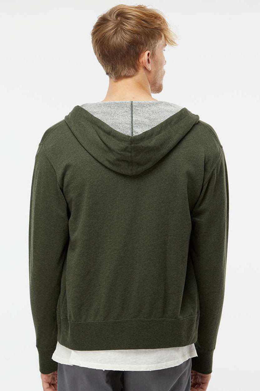 Independent Trading Company PRM90HTZ Mens French Terry Full Zip Hooded Sweatshirt Hoodie w/ Pockets Heather Olive Green Model Back