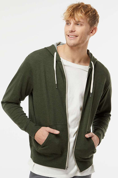Independent Trading Company PRM90HTZ Mens French Terry Full Zip Hooded Sweatshirt Hoodie w/ Pockets Heather Olive Green Model Front